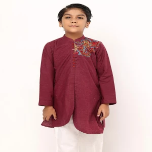 Maroon Embroidered and Printed Viscose-Cotton Panjabi Pajama Set